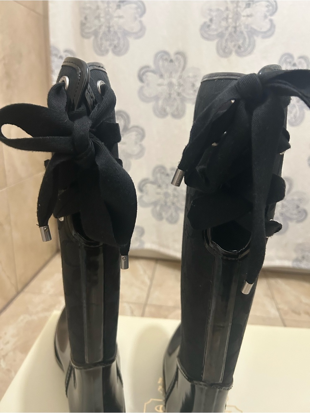 Coach Tristee Black Signature Knee High Rain Boots with Black Ribbon - Picture 5 of 13